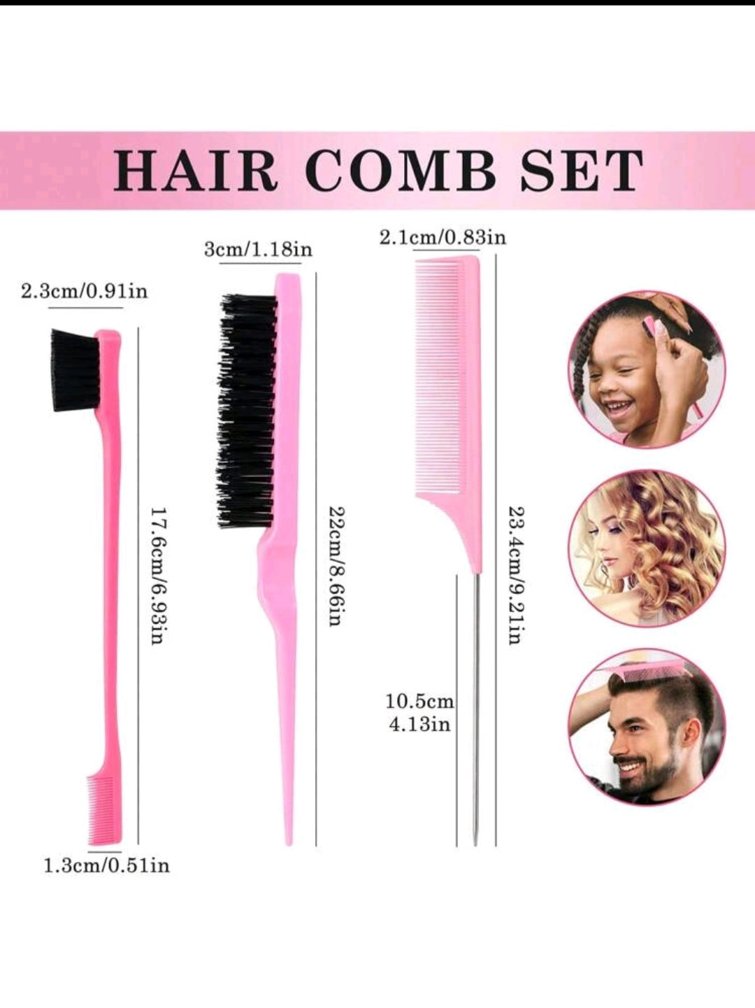 3 pieces hair styling comb set,Teasing hair brush, Rat rail comb,edge brush