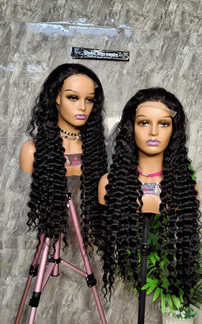100% human hair, dd deep wave, paired with 5x5 closure" natural black 34"