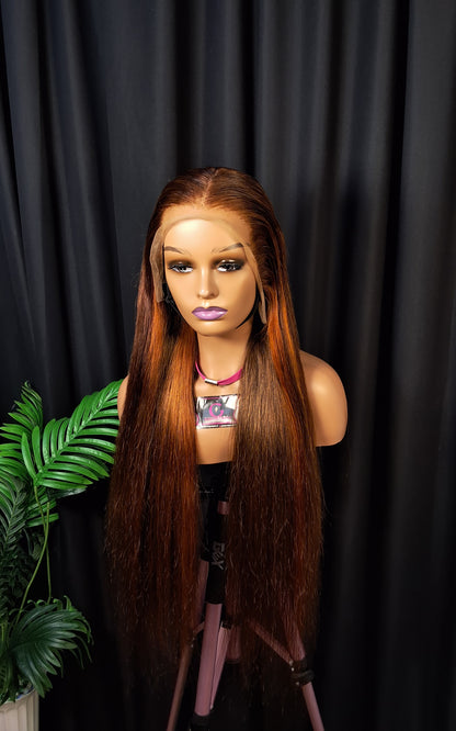 13x6 HD silky straight  frontal wig. Customised orange piano colour, 32 inches.
