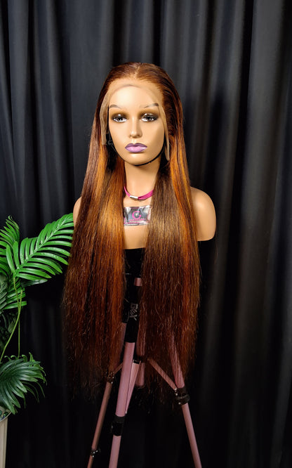 13x6 HD silky straight  frontal wig. Customised orange piano colour, 32 inches.