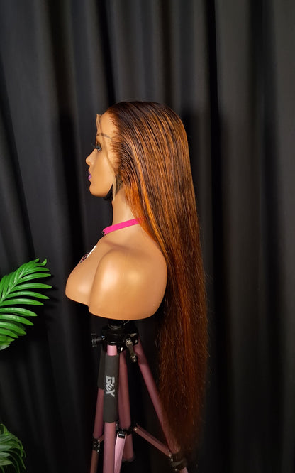 13x6 HD silky straight  frontal wig. Customised orange piano colour, 32 inches.