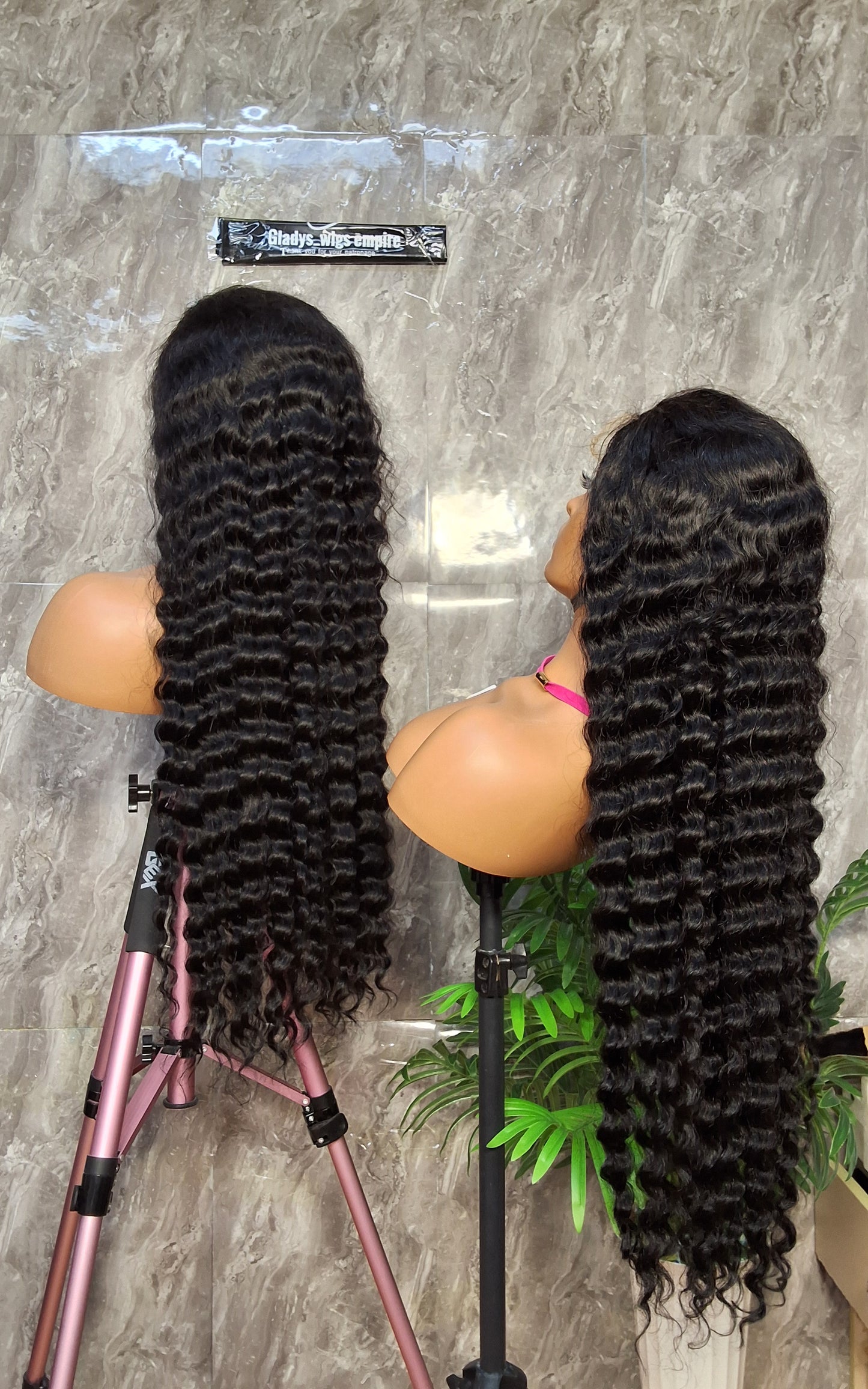 100% human hair, dd deep wave, paired with 5x5 closure" natural black 34"